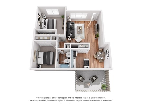Floor plan for 2 beds, 1 bath, 750 sqft